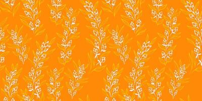 Abstract, artistic branches with tiny buds flowers and small leaves intertwined in a seamless pattern. Saturated yellow summer printing with creative floral stems. hand drawing sketch. vector