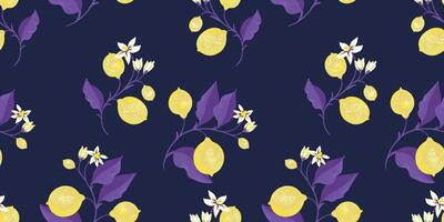 Tropical yellow lemons on violet branch with leaves scattered randomly on a seamless pattern. hand drawing illustration. Abstract artistic citrus fruit repeated printing on a dark background vector