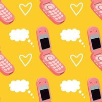 Flip mobile phone on yellow background seamless pattern vector