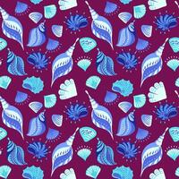 Colorful blue ocean shells seamless pattern on a burgundy background. hand drawn. Creative abstract sea marine printing. Template for designs, notebook cover, wrapping paper, exotic wallpaper vector