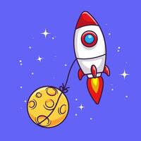 Rocket Flying With Moon In Space Cartoon vector