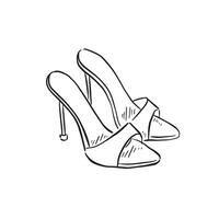 A pair of heeled shoes, drawn in black and white in a sketchy style. Sandal style heels drawn by hand. vector