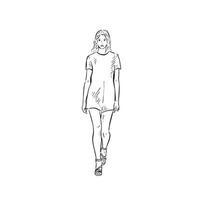 A line drawn illustration of a model on the runway with a white background. Drawn by hand. vector