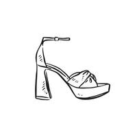 A line drawn illustration of a 70s inspired women's platform shoe. Drawn by hand in black and white. sketchy style. vector