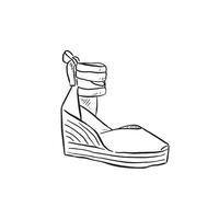 A line drawn black and white illustration of a wedge shoe. Drawn by hand in a sketchy style. vector