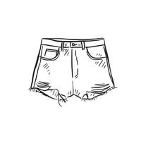 A line drawn illustration of denim shorts with distressed hem. Drawn by hand in a black and white sketchy style. vector