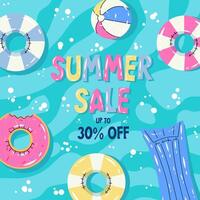 Colorful summer background banner design. Summer sale poster. Beach concept background. Beach and colorful pool rings in water. For sales, horizontal poster, header, cover, social media, fashion ads vector