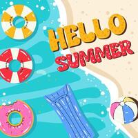 Colorful summer background banner design. Hello summer poster. Beach concept background. Beach, colorful pool rings. For sales, horizontal poster, header, cover, social media, fashion ads vector