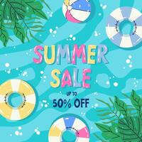 Colorful summer background banner design. Summer sale poster. Beach concept background. Beach and colorful pool rings in water. For sales, horizontal poster, header, cover, social media, fashion ads vector