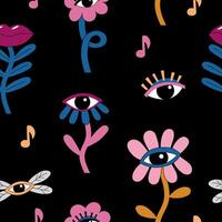 Surrealism flowers and insects seamless pattern. Weird eyes, lips plants modern groovy psychedelic background. 70s art style. vector