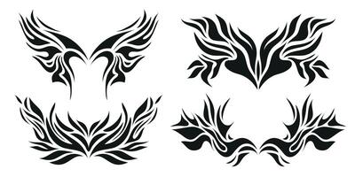 set of y2k style neo tribal tattoos set, wings, fire flame silhouettes, grunge metal illustrations, butterflies vector