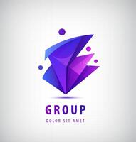 men geometric 3d logo. 4 people, teamwork, family, social net, meeting icon. Purple triangular shape, identity vector