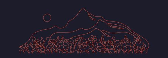 Coffee plantation and mountain. line sketch vector