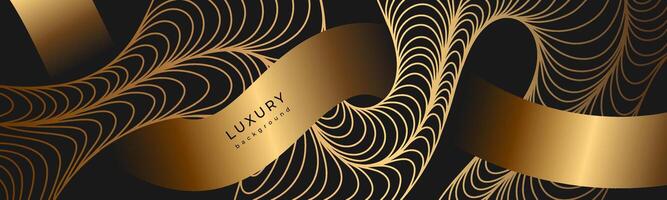 Luxury golden wavy linear banner. Shiny gold waves on black background. Swirl pattern. Template with gold gradient ribbon. Space distortion. Deformed curved lines. Warped waves vector