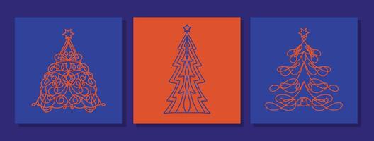 Set of retro greeting cards with christmas tree. Template with linear pine tree. Collection of fir trees. Geometric christmas trees. Square shape minimalist line art for social media. New year card vector