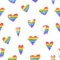 Seamless pattern with hand drawn hearts in rainbow color isolated on white background. Collection of striped hearts. Pride month concept. LGBT symbol vector