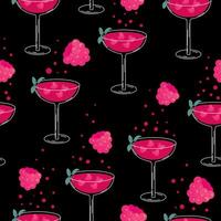 Seamless pattern with alcoholic and non-alcoholic summer cocktails with berries, raspberry, mint. Pink alcoholic drink. Fizzy tropical cocktails on black background. Raspberry mocktail vector