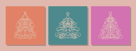 conjunto de retro saludo tarjetas con Navidad árbol. modelo con lineal pino árbol. colección de abeto arboles geométrico Navidad arboles cuadrado forma minimalista línea Arte para social medios de comunicación. nuevo año tarjeta vector