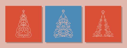 Set of retro greeting cards with christmas tree. Template with linear pine tree. Collection of fir trees. Geometric christmas trees. Square shape minimalist line art for social media. New year card vector