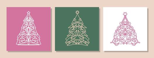 Set of retro greeting cards with christmas tree. Template with linear pine tree. Collection of fir trees. Geometric christmas trees. Square shape minimalist line art for social media. New year card vector