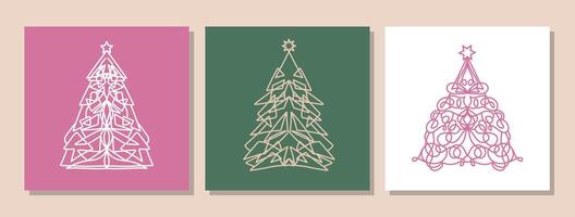 conjunto de retro saludo tarjetas con Navidad árbol. modelo con lineal pino árbol. colección de abeto arboles geométrico Navidad arboles cuadrado forma minimalista línea Arte para social medios de comunicación. nuevo año tarjeta vector