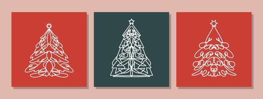 Set of retro greeting cards with christmas tree. Template with linear pine tree. Collection of fir trees. Geometric christmas trees. Square shape minimalist line art for social media. New year card vector