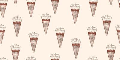 Seamless pattern with ice cream in waffle cone. Vintage beige background with sketch style ice cream. Frozen dessert. Gelato drawing with hatching vector