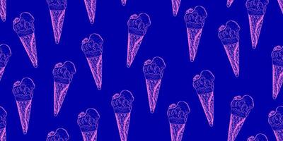 Seamless pattern with ice cream in waffle cone with caramel topping and piece of chocolate. Dark blue background with sketch style ice cream. Frozen dessert. Gelato drawing with hatching vector