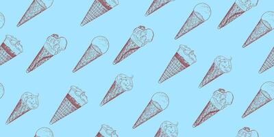 Seamless pattern with ice cream in waffle cone. Vintage blue background with sketch style ice cream. Frozen dessert. Gelato drawing with hatching. vector