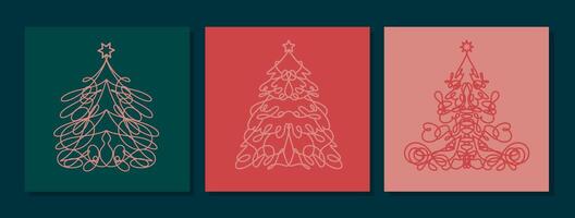 Set of retro greeting cards with christmas tree. Template with linear pine tree. Collection of fir trees. Geometric christmas trees. Square shape minimalist line art for social media. New year card vector