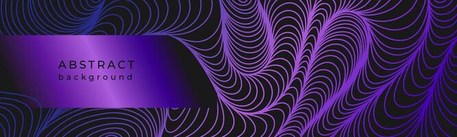 Luxury wavy linear banner. Shiny purple waves on black background. Swirl pattern. Template with gradient lines. Space distortion. Deformed curved lines. Warped waves vector