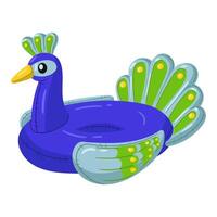 A swimming circle in the form of a blue peacock with large round eyes, blue, green and a large tail. This bird float is perfect for a summer themed pool party. Isolated illustration vector