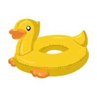 A swimming circle in the form of a yellow duck with big round eyes, a bright orange beak and a cute tail. This float duck is perfect for a summer themed pool party. Isolated illustration vector