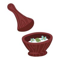 Mortar and pestle filled with fragrant salt with delicate flowers. Wooden mortar and pestle, a traditional tool used to grind spices and herbs. Natural, environmentally friendly product, made at home vector
