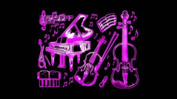 Neon frame effect,classical music elements, glow, black background. video