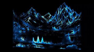 Neon frame effect,Alpine landscape , glow, black background. video