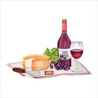Red wine and grapes with cheese on a tablecloth. Picnic composition with wine bottle, glass and cork. Hand drawn watercolor illustration isolated on white background. Food and wine tasting design vector