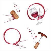 Red wine stain with splashes. Wine corkscrew with bottle stoppers. Wine glass with red splatter. Hand drawn watercolor illustration isolated on white background. Set of wine tasting design elements vector