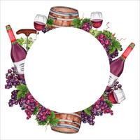 Red wine copy space frame with grape bunches, bottles, glasses and barrels. Round circle border for your text. Hand drawn watercolor illustration isolated on white background. Postcard or menu design vector