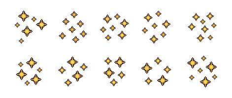 Sparkling stars pixel art. Shiny pixel art stars set. 8-bit sparkles. Glitter Stars, Pixelated Art vector