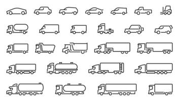 Car icons collection. Big set outline car icons, different types of transportation. Outline car icons. Types of transport vector
