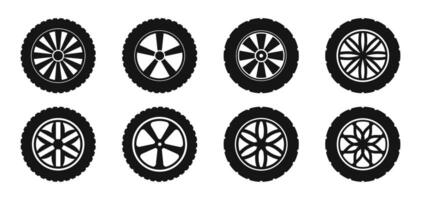 Car wheel icons. Wheel tires. Tires, wheel disks. Car wheel silhouettes. Car wheels vector