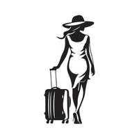 Girl holding travel bag silhouette design illustration. vector