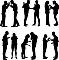 Set of people arguing silhouette illustration. Two people discuss in various pose. Men and women talking in black color. vector