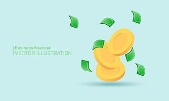 3d icon realistic gold coins green paper dollars cashiers concept design vector