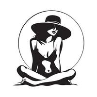 Girl in black swimsuit and hat sitting on beach design Image vector