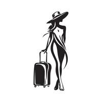 Girl holding travel bag silhouette design illustration. vector