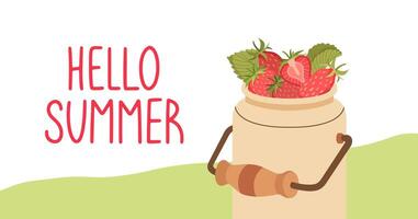 Colorful Summer background layout banners design. Horizontal poster with Can with strawberries and lettering. Hello Summer background, greeting card, header for website, sale. flat illustration vector