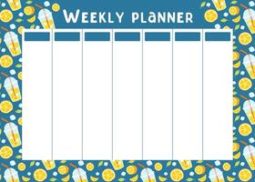 Weekly summer planner with lemonade pattern. Planning of summer entertainment. Background for notes. Cute school planner is for 7 days. Kids schedule design template. flat illustration vector