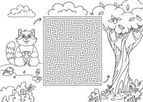 Children's maze coloring book. Raccoon with mug in forest outline illustration. Erudition Games and Puzzles for children. Simple drawing of an forest Wild Animals. outline illustration. vector